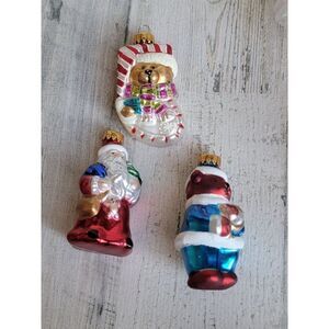 Blown glass Santa Claus teddy bear stocking ornament set glitter snowflake